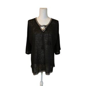 Cato Embroidered Top Women Size XL Black Semi Sheer Fringe Bohemian Casual